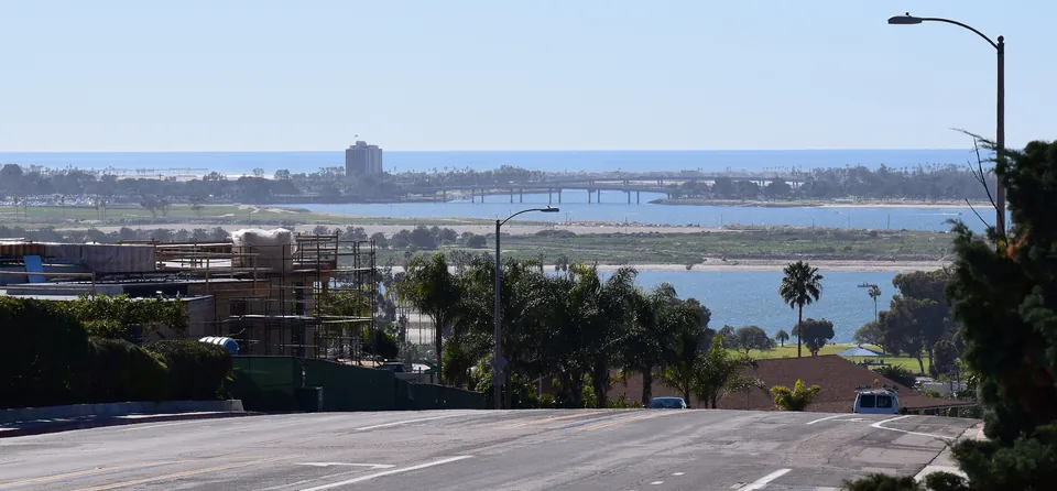 Clairemont Drive sloping down toward Mission Bay and the ocean on a clear day